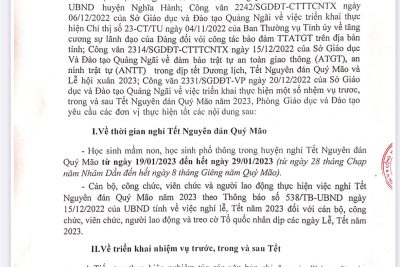 Chuyển tiếp công văn 365/PGD&ĐT Huyện Nghĩa Hành. V/v đảm bảo an ninh, trật tự và an toàn giao thông Tết Nguyên đán Quý Mão năm 2023